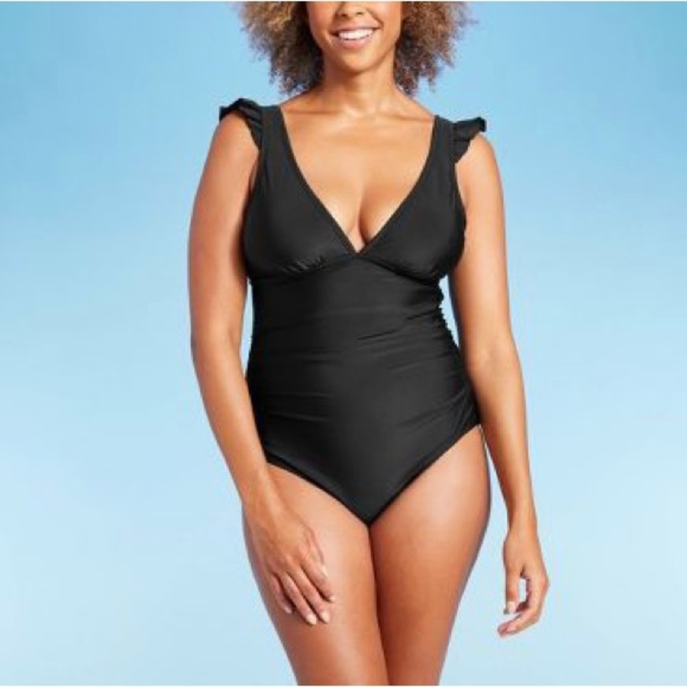 Kona Sol™ Women's Ruffle Shoulder Ruched Full Coverage One Piece Swimsuit-Black